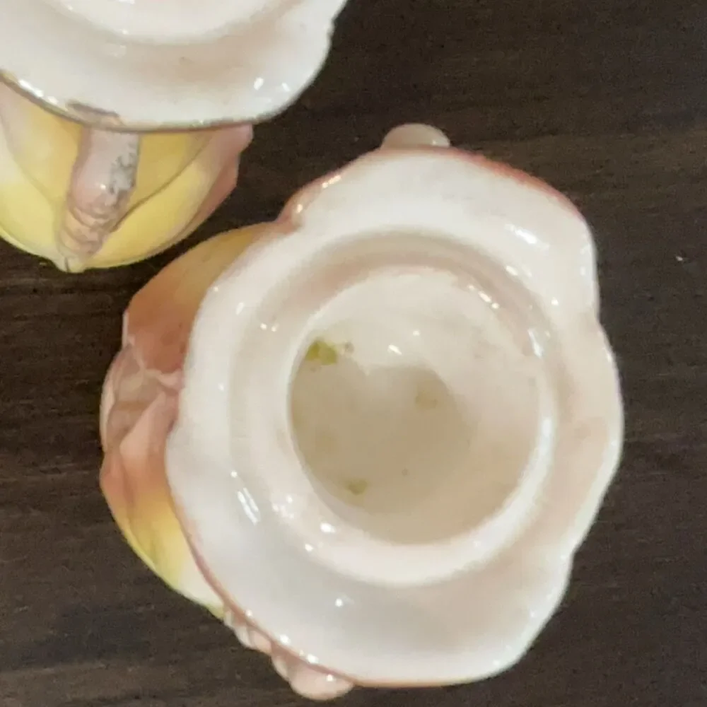 Set/2 Lipper Mann Floral Candle Holders Pink Yellow White Gold Ceramic Japan 3